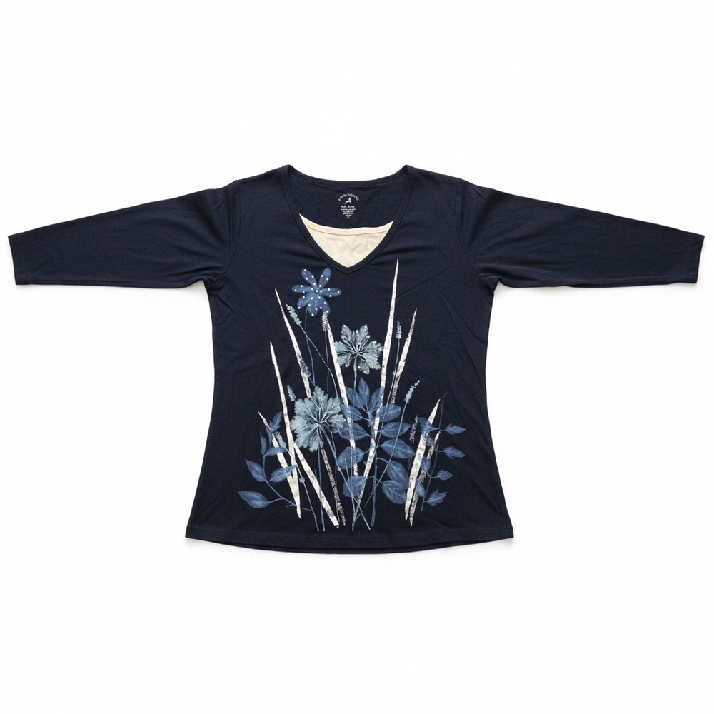 White Stag Tee Womens Medium Navy Blue Floral Metallic Rhinestone V-Neck Top